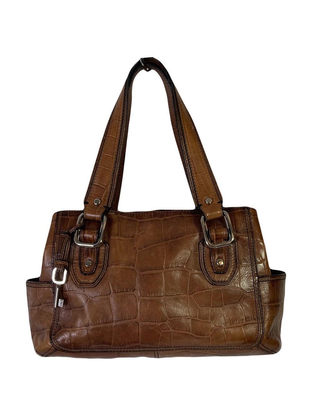 FOSSIL Hand Bag Shoulder Tote Purse Leather Brown Crocodile Silver Key Charm Zip